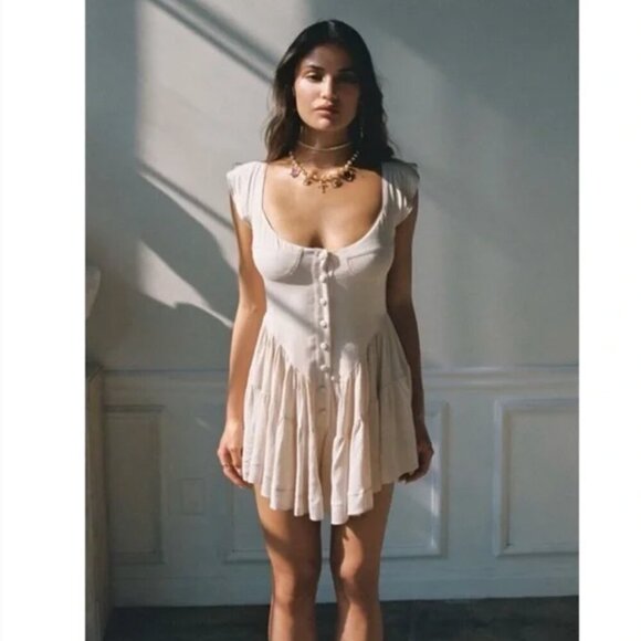 Vanessa Mooney The Elizabeth Romper Dress Mini Sleeveless Button Cream New Large - Picture 1 of 9